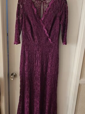 Signature by Sangria Plum Lace Gown with Scalloped V-Neck